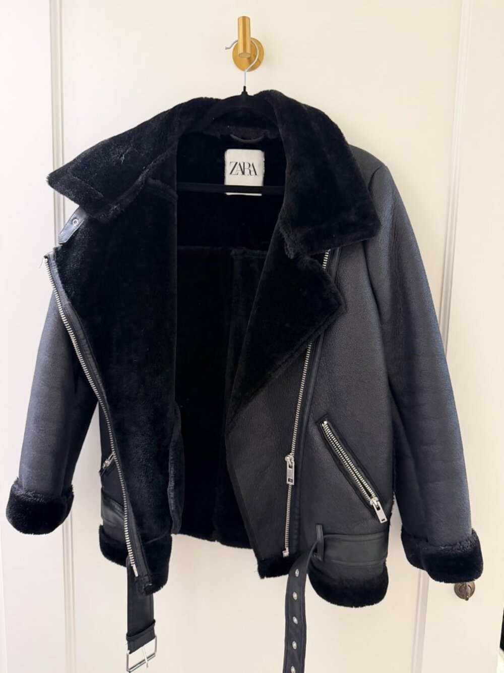 Zara Black Faux Leather Double-Faced Shearling Aviator Biker Jacket M Oversized